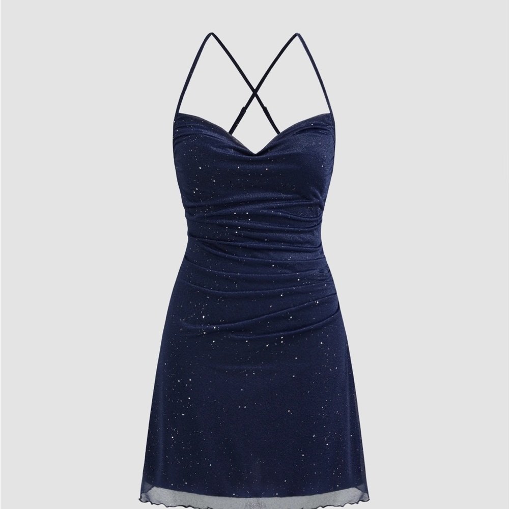 Mesh Cowl Neck Navy Blue Sequin Mini Dress Brand New from Cider size XS with tag